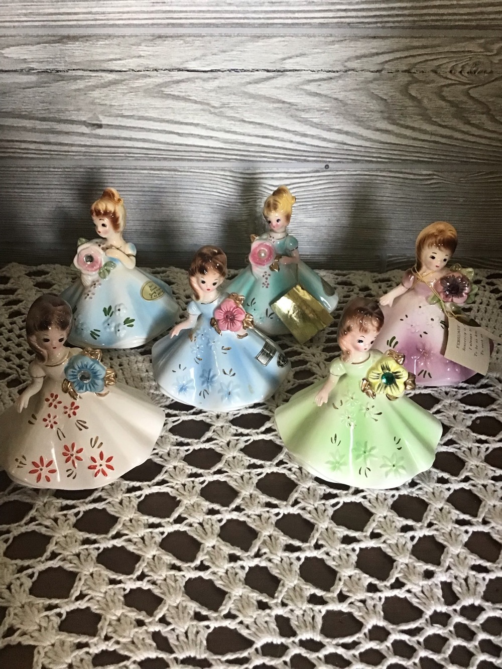 Vintage set of 6 Josef Original Ceramic Birthday Month Flower Girl Figurines -